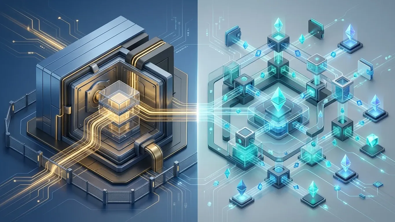 Illustration of Ethereum as programmable blockchain infrastructure, showing digital value and applications flowing through a smart contract network