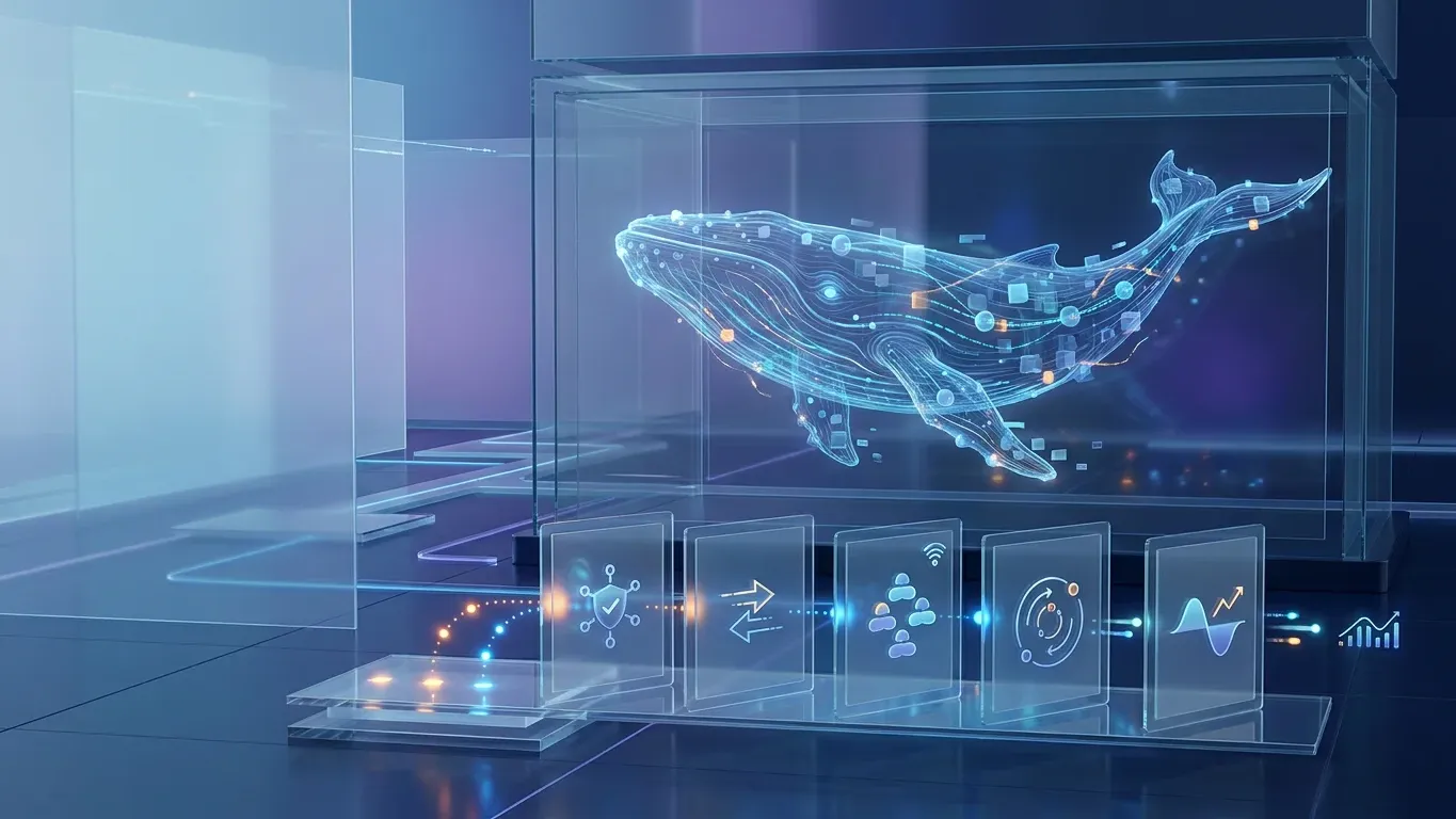 Illustration of tracking crypto whales, showing a digital whale linked to on-chain signals, wallet activity, transaction flows, and market movement analysis