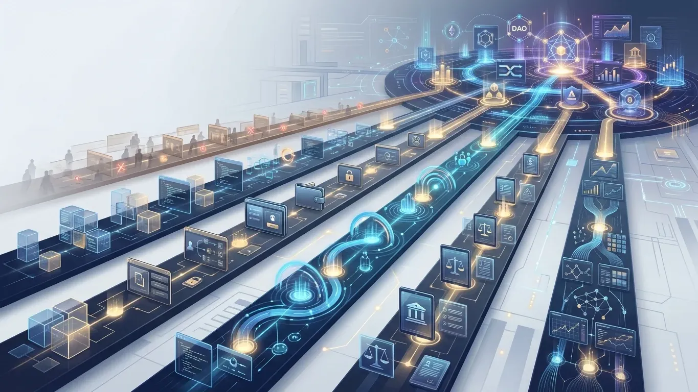 Web3 career paths showing blockchain, wallets, DAOs, compliance, analytics, and product routes for getting into Web3 in 2026