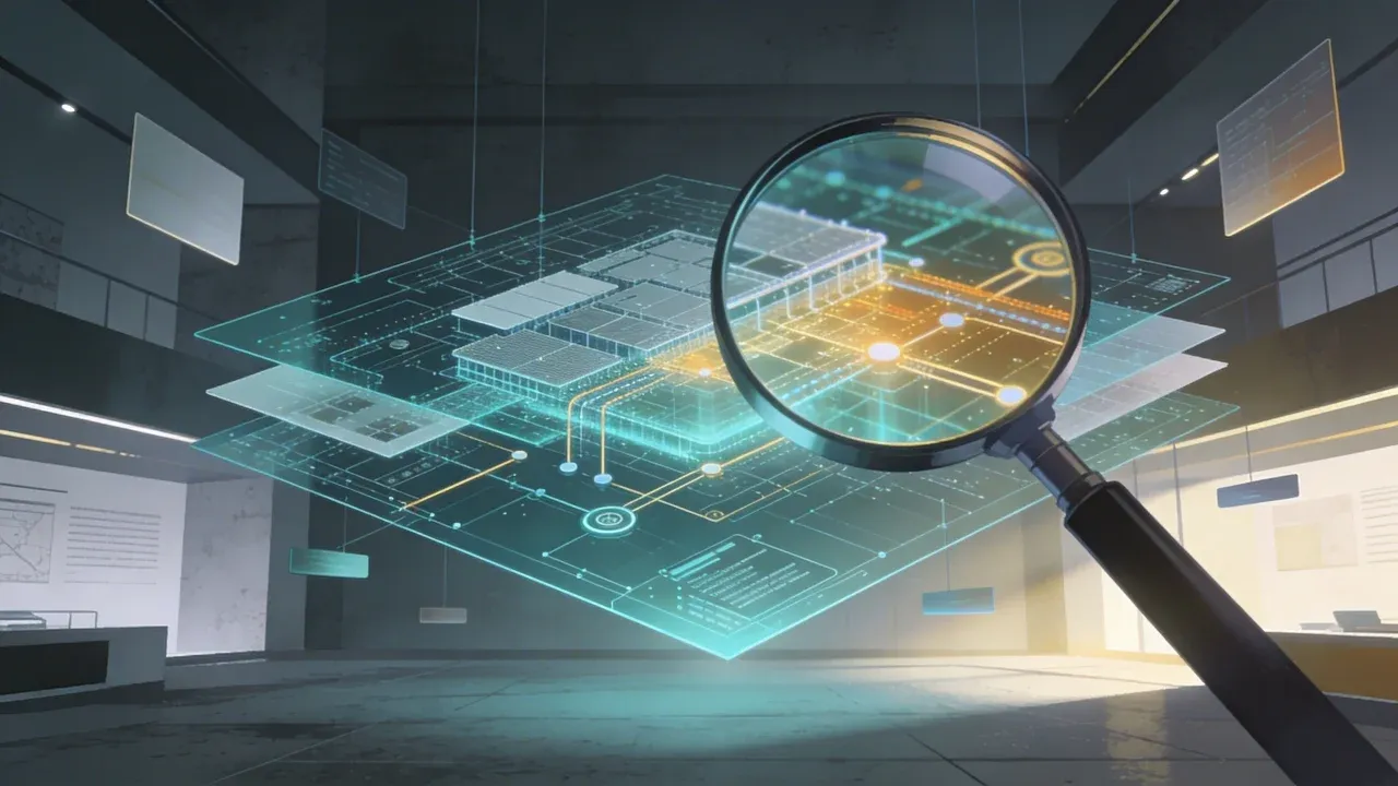 Illustration of crypto whitepaper analysis with a magnifying glass examining a digital blockchain blueprint and technical project layout
