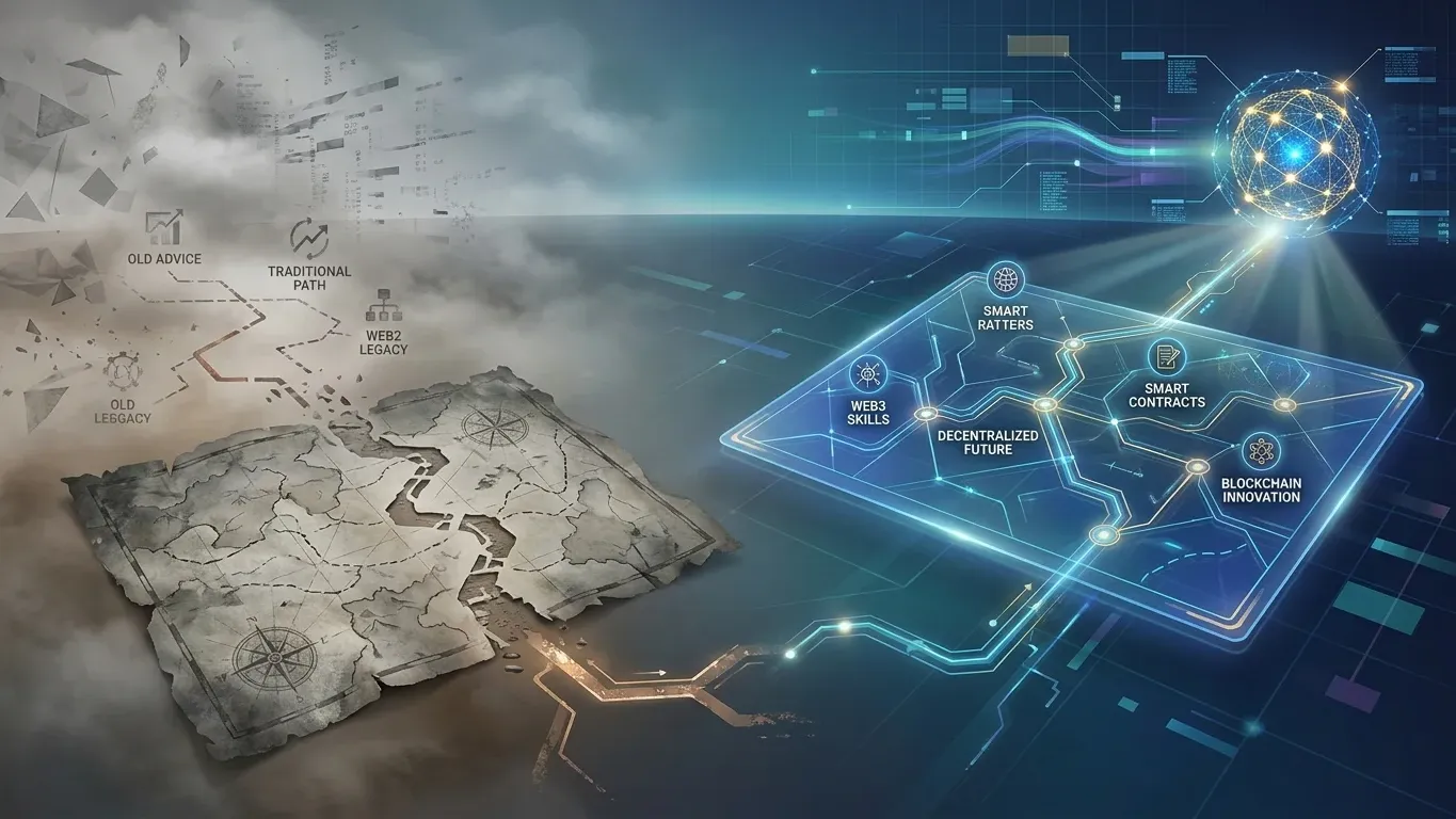 Futuristic Web3 careers illustration showing employers prioritizing blockchain innovation, smart contract skills, and decentralized systems expertise