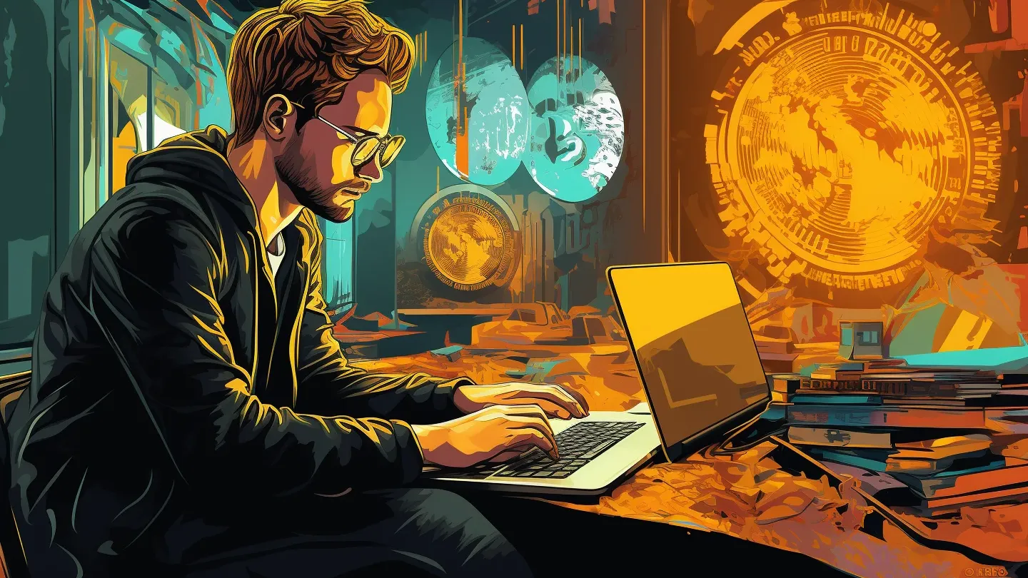 Futuristic illustration of the search for Bitcoin’s creator, featuring a programmer, blockchain imagery, and the mystery of Satoshi Nakamoto