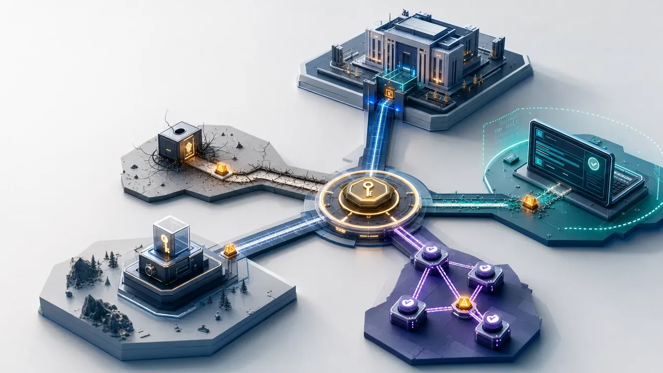 Central key hub connecting custodial, software, hardware and multisig paths, illustrating how to choose a crypto wallet by risk.