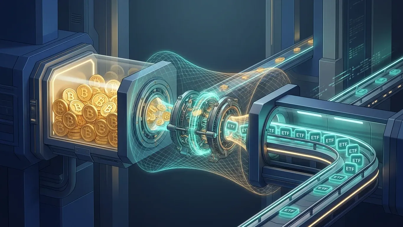 Bitcoin ETF mechanism converting stored Bitcoin into ETF shares through institutional custody and exchange infrastructure