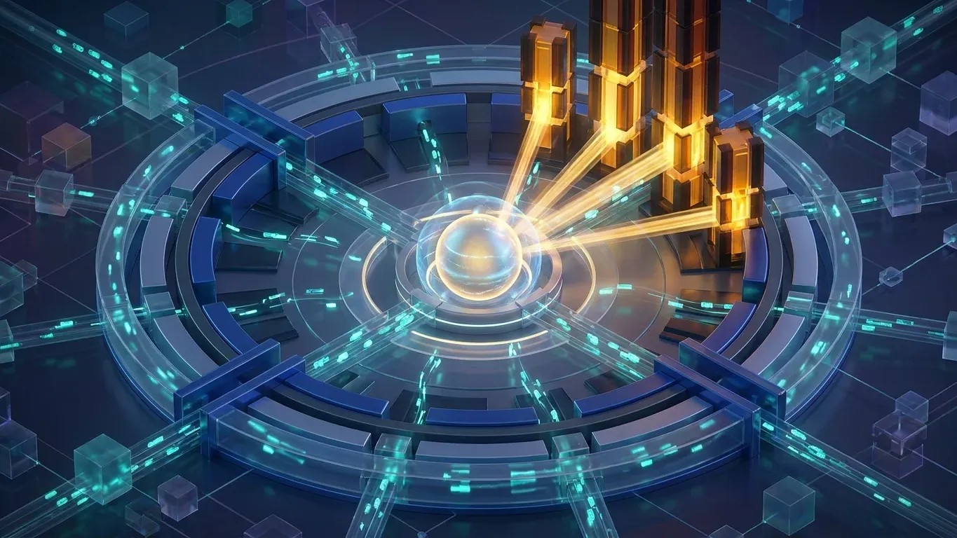 DAO governance system showing token-weighted voting signals flowing into a smart contract treasury for a decentralized autonomous organization