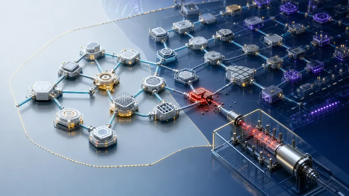 Interconnected crypto code modules with one fractured red node under test, showing why AI-found bugs still require validation.