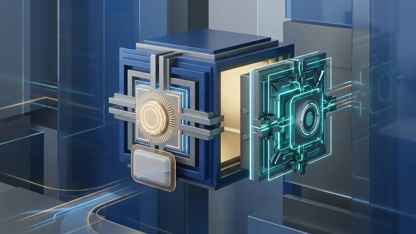 Crypto inheritance planning shown as a secure digital vault balancing legal authority and private key access