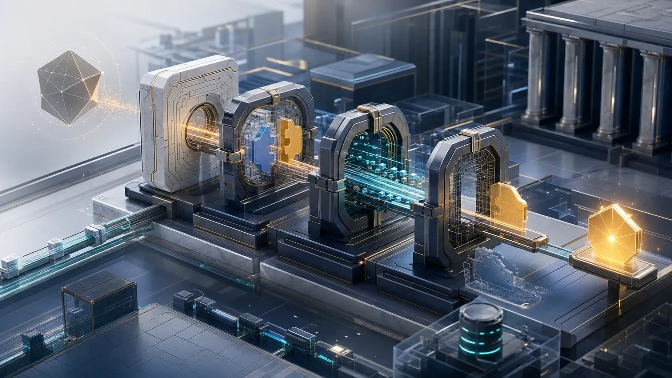 Mechanical gateways channel competing signals through a crypto prediction market to produce a single probability-based outcome.