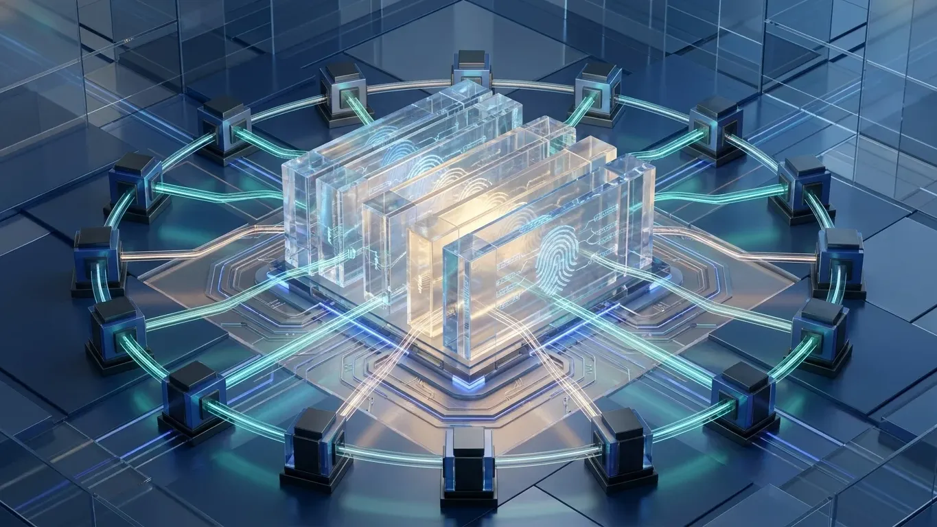 Transparent blockchain ledger connected to validator nodes, showing decentralized transaction verification and shared recordkeeping