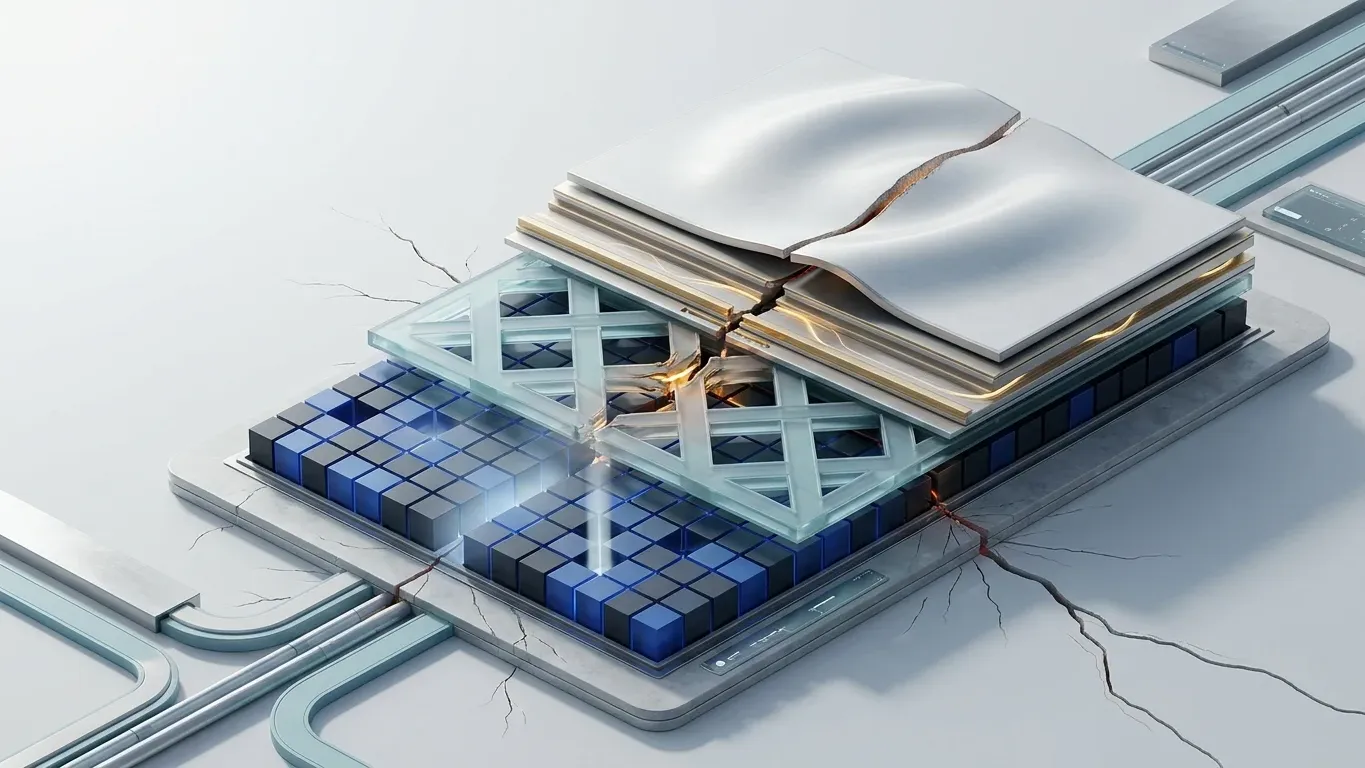 Cracked layered crypto trust stack over modular blocks, showing how Q2 2026 crypto hacks exposed wider security failures