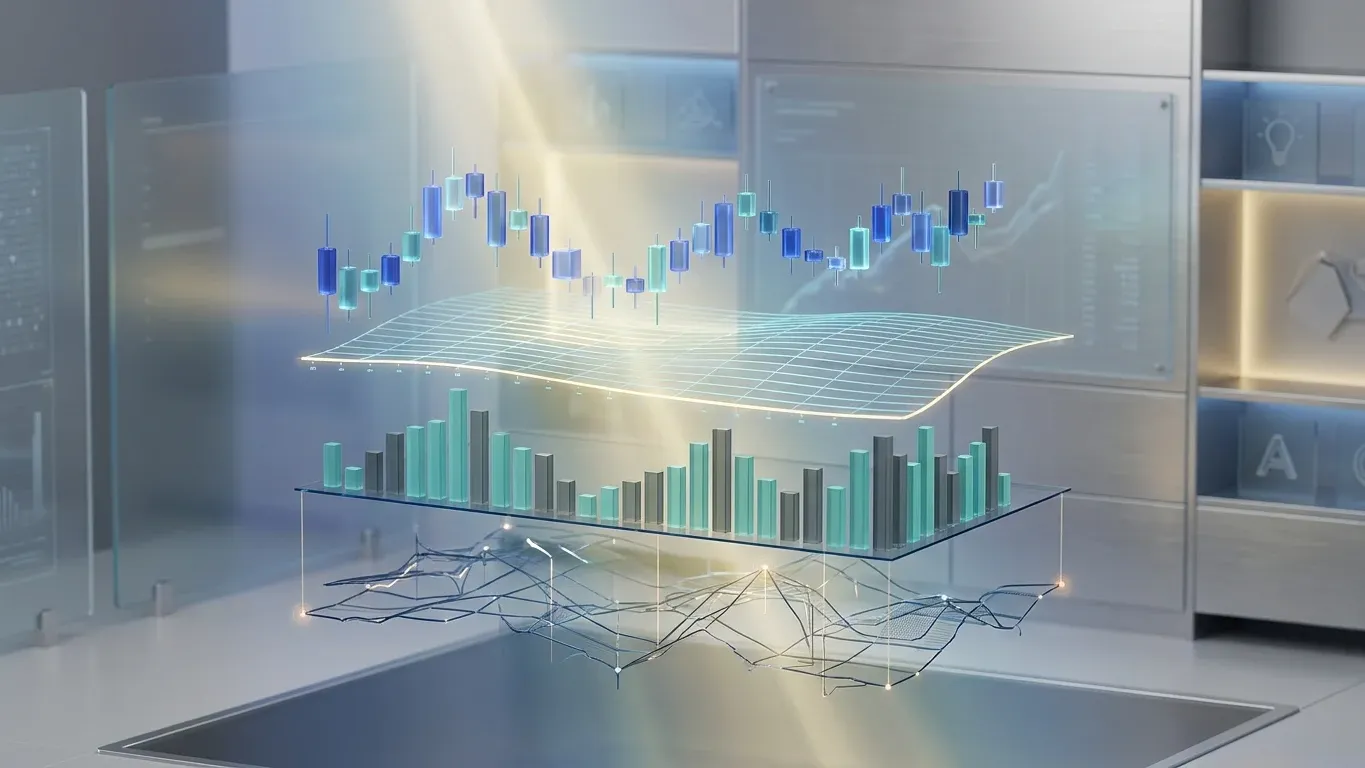 Crypto chart analysis showing candlestick price action, volume bars, and hidden liquidity layers in a structured market dashboard