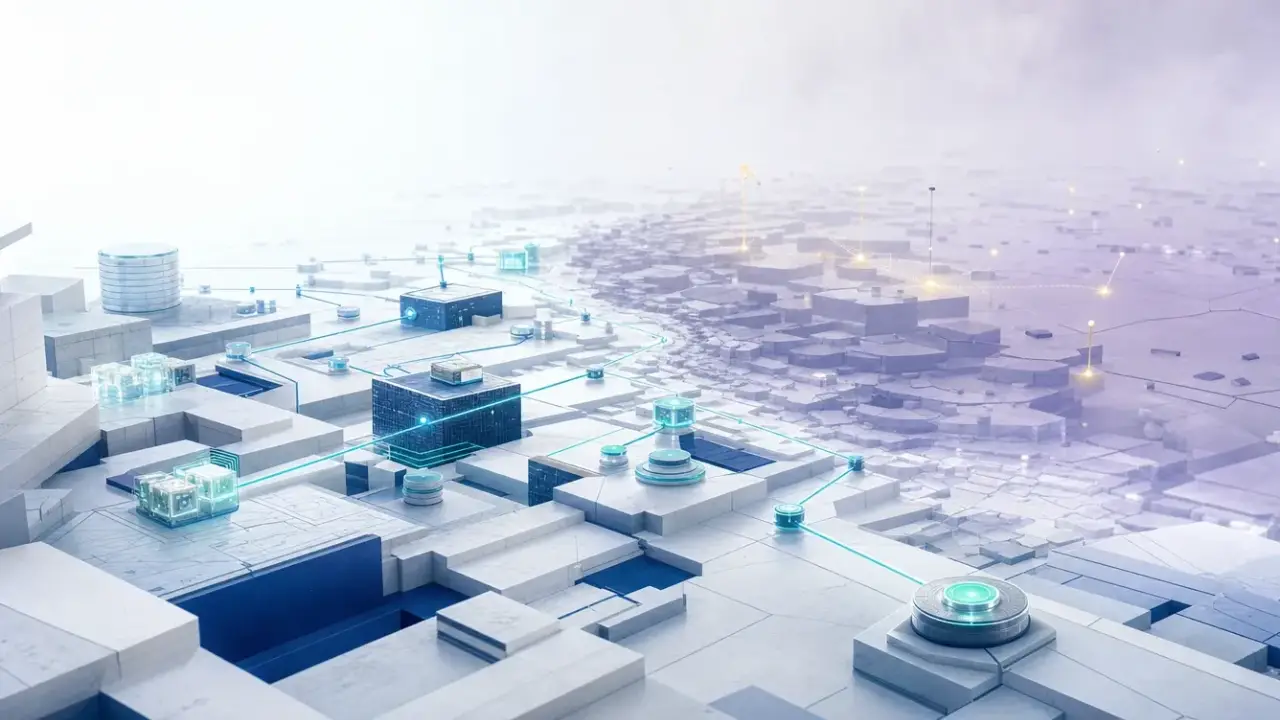 Layered blockchain landscape with connected data paths fading into uncertainty, showing how a block explorer reveals on-chain evidence