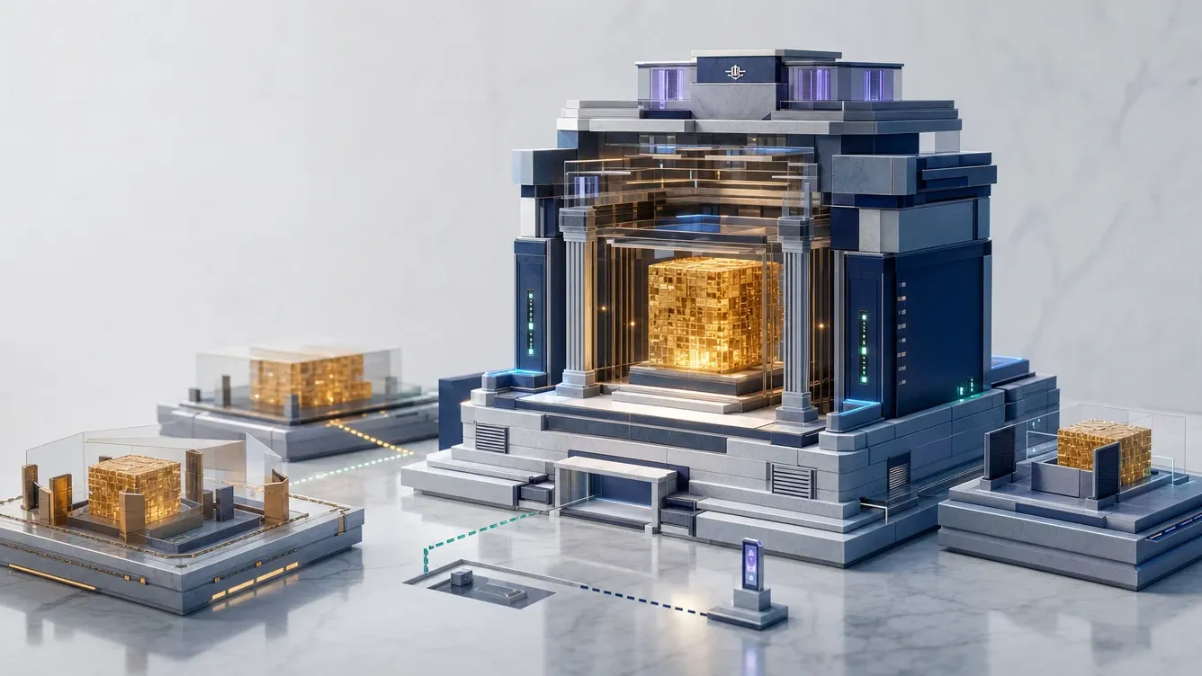 Institutional reserve structure protecting a central gold value core, showing Bitcoin held under formal custody and policy controls.