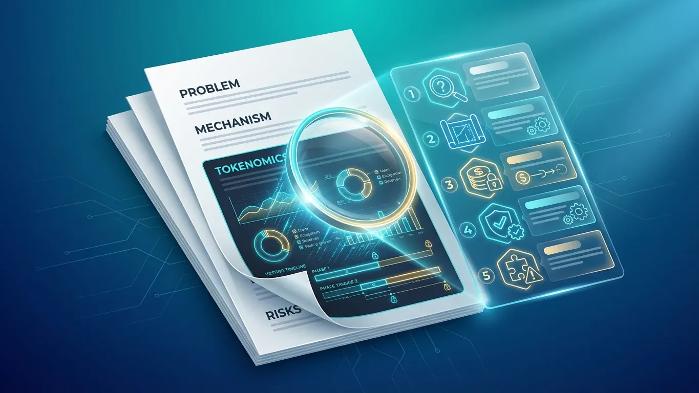 A document-and-checklist visual centered on analyzing a token project, with charts, vesting-style graphics, and a step-by-step evaluation panel highlighting research and risk review.