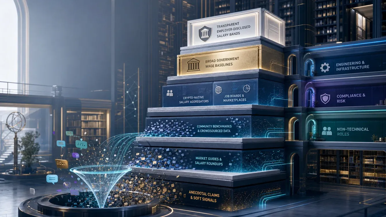 Tiered salary-data stack filters anecdotal claims into transparent employer-disclosed pay bands for evaluating crypto career salaries.