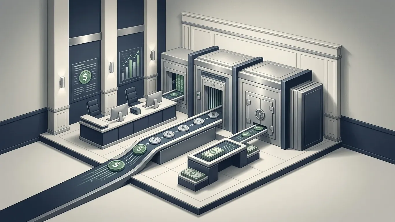 A stylized institutional money-processing scene where traditional dollars move through banking machinery and vault systems, suggesting regulation, custody, and formal financial rails.