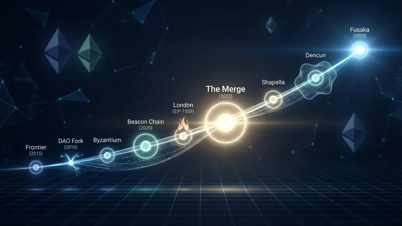 Timeline visualization showing Ethereum's evolution from its 2015 Frontier launch through the 2025 Fusaka upgrade