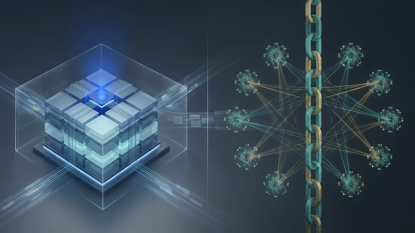 Controlled database core beside a distributed blockchain network showing the difference between central authority and shared verification