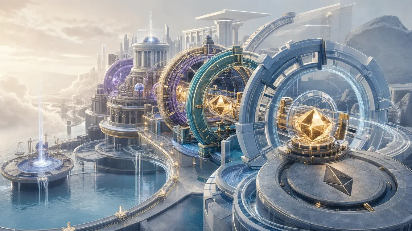 Interconnected Ethereum structures reuse staked value across additional services, illustrating layered restaking commitments and risk.