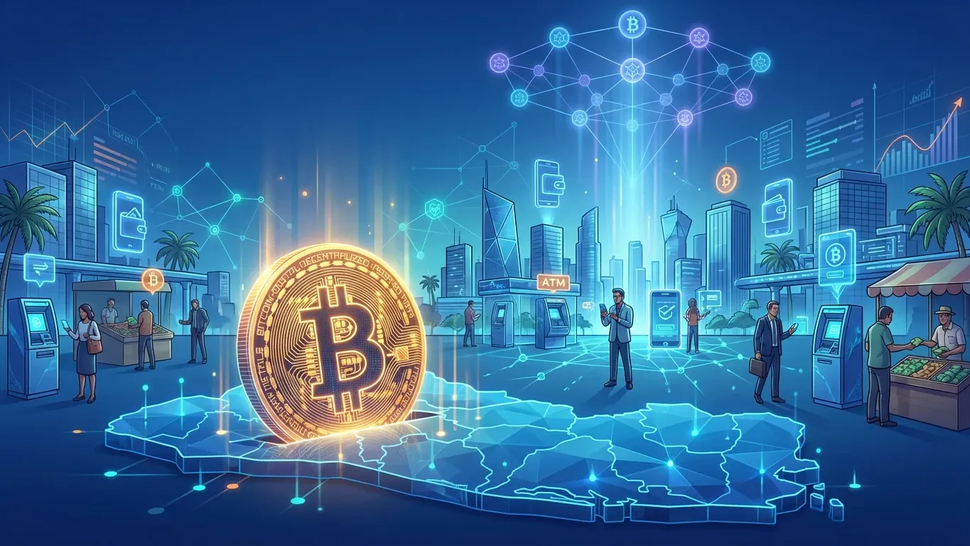 Illustration of El Salvador’s Bitcoin experiment showing a monumental Bitcoin gateway, public infrastructure, and crypto adoption in an urban setting