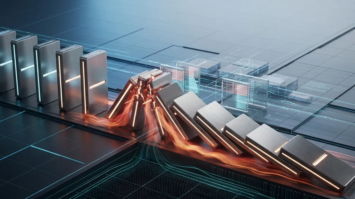 Metallic market blocks collapsing in a crypto liquidation cascade, showing forced selling pressure through thin liquidity