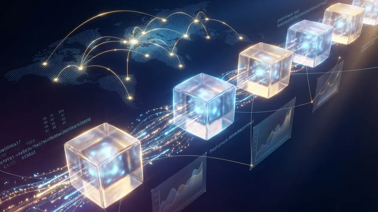 Illustration of how blockchain works, showing connected data blocks, global network activity, and digital transaction flows across a distributed ledger