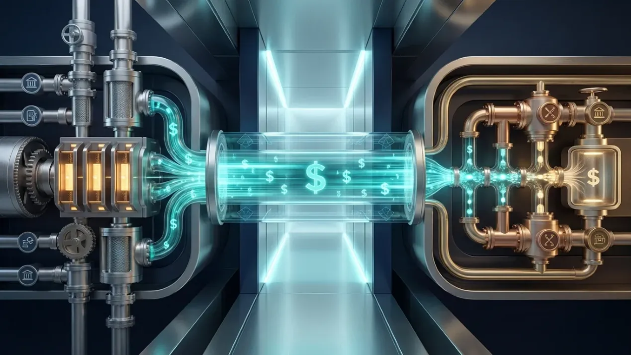 Illustration of how stablecoin payments move money, showing digital dollars flowing through blockchain rails between traditional finance systems