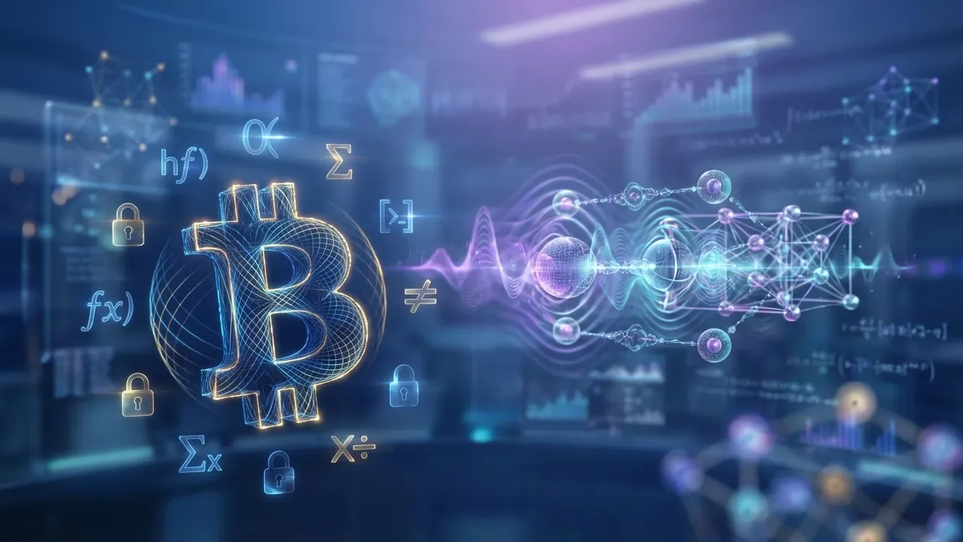 Illustration of quantum computing and crypto security, showing advanced processing stages leading toward a Bitcoin system and blockchain encryption risk