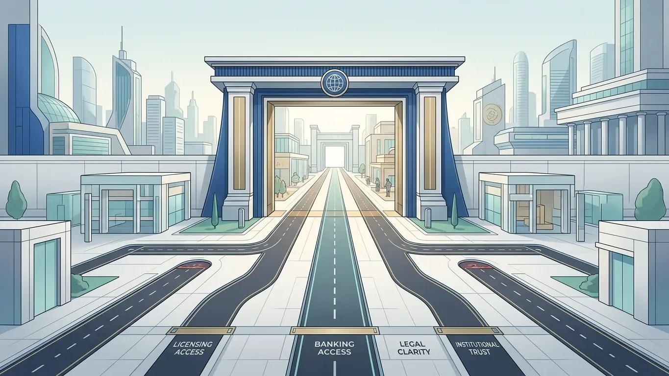 A clean gateway/corridor illustration representing institutional access, legal clarity, licensing, and banking rails opening into a more regulated crypto-friendly environment.