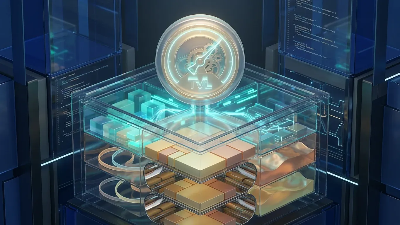 otal Value Locked in crypto visualized as a DeFi smart contract vault with layered deposits and TVL gauge