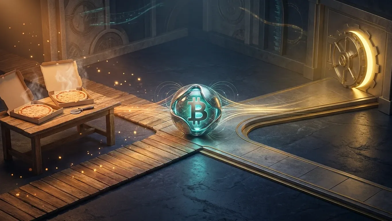 Bitcoin Pizza Day concept showing two pizzas, a Bitcoin value core, and a vault symbolizing spending versus holding Bitcoin