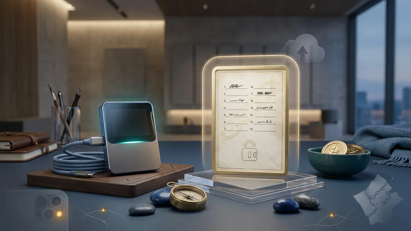 Hardware wallet setup with protected seed phrase recovery card, showing crypto self-custody backup and offline key security.