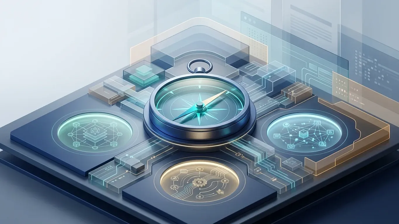 Crypto fundamental analysis framework shown as a research compass evaluating project fundamentals, tokenomics, and on-chain data