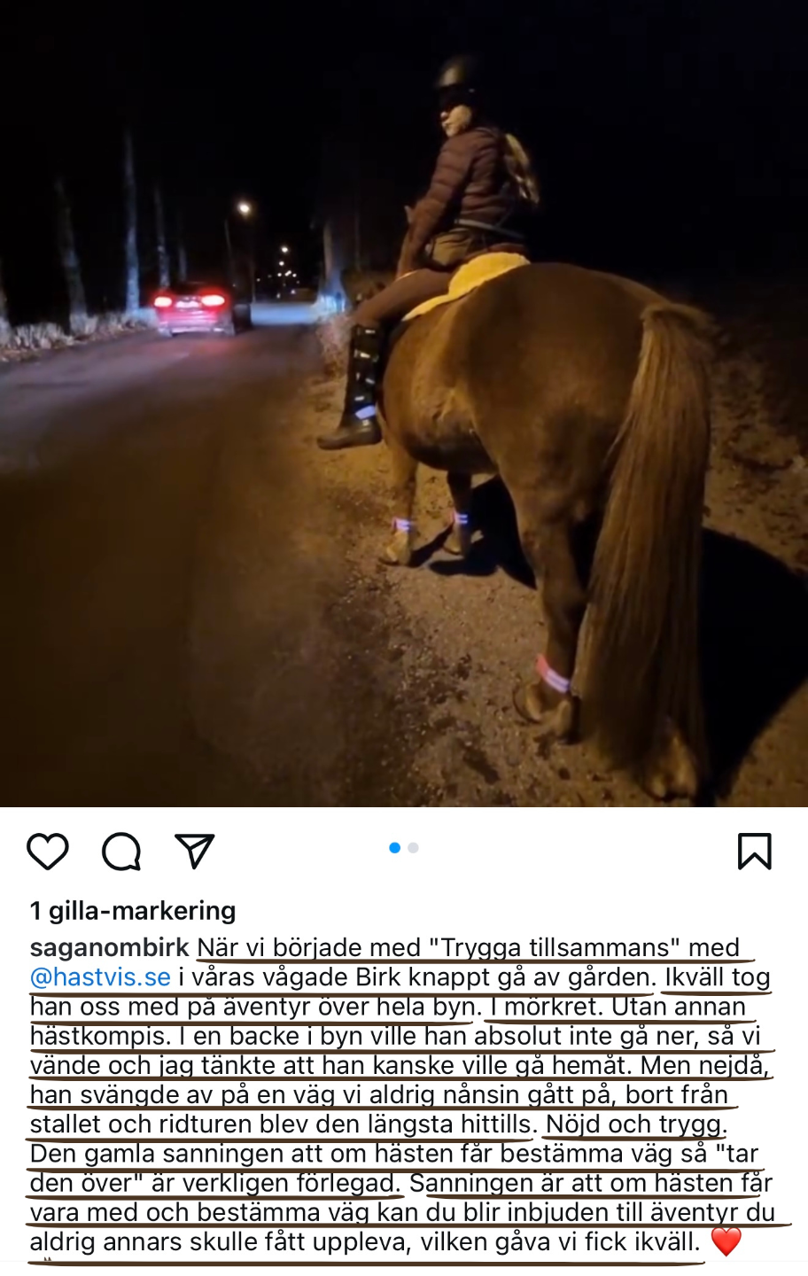 Instagraminlägg från @saganombirk med en kvällsbild där en person rider på en häst i mörker längs en väg. Texten beskriver hur hästen Birk, som tidigare varit rädd, nu vågar gå långt från stallet tack vare metoden 'Trygga tillsammans' från hastvis.se. Inlägget är en varm reflektion över förtroende och utveckling