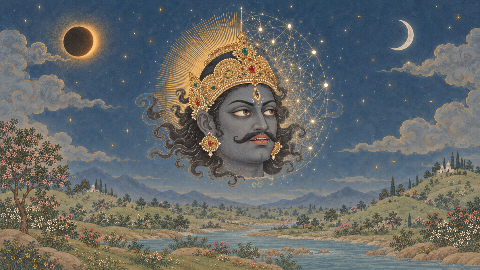 Rāhu, the severed head, rising in a night sky beside a solar eclipse and a crescent moon