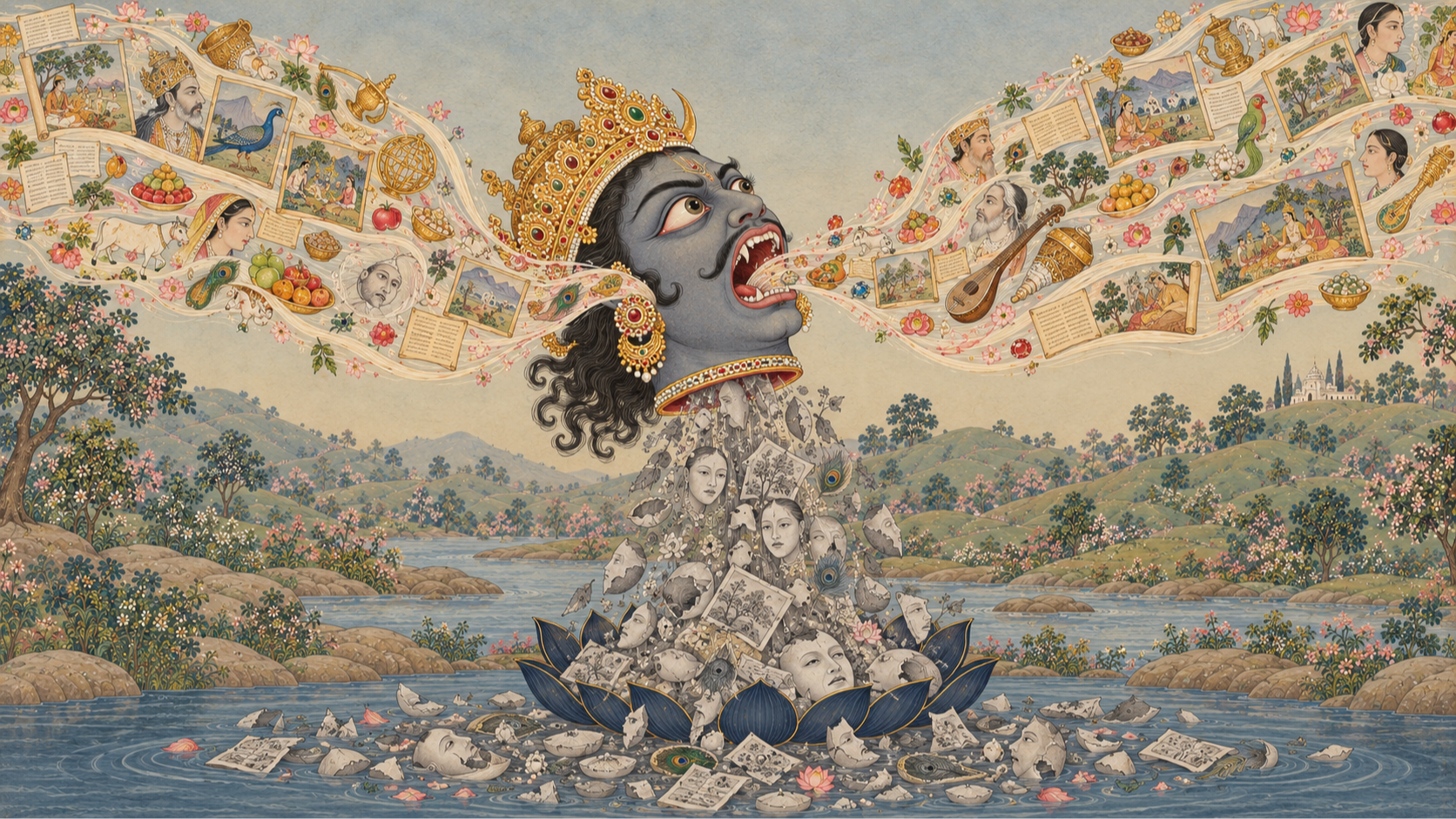 Rāhu, the severed head, speaking and swallowing images while fragments fall into a lotus pond
