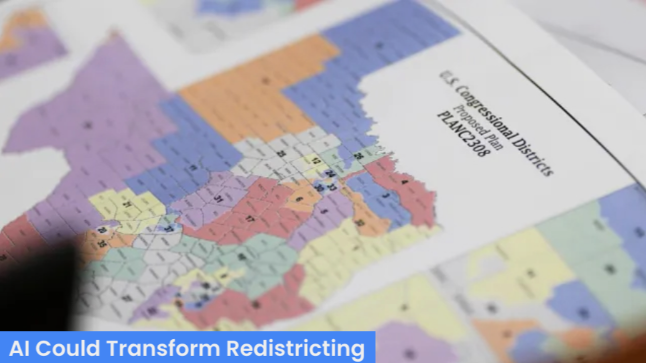Close-up of a printed U.S. Congressional Districts redistricting map with colorful proposed boundary lines, labeled Proposed Plan PLANC2308, with blue text overlay reading AI Could Transform Redistricting
