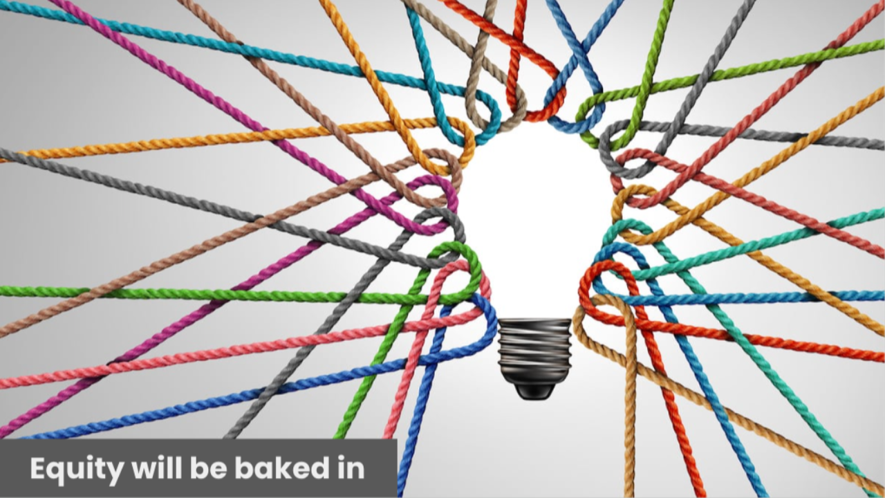 bulb at the center, symbolizing collective ideas and interconnected thinking. Text overlay reads: Equity will be baked in.