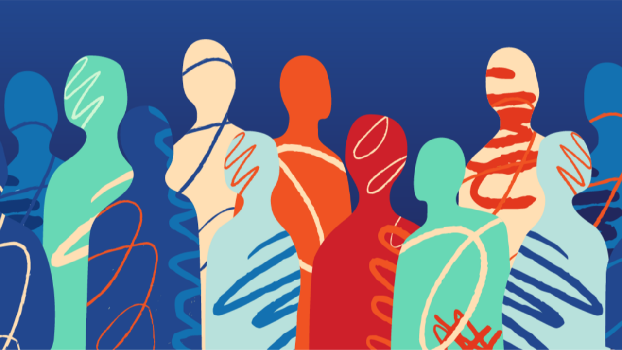 Colorful illustrated banner of diverse abstract human silhouettes standing together in shades of orange, red, teal, blue, and cream against a navy background, each figure patterned with swirling lines and organic shapes symbolizing community and collective diversity.
