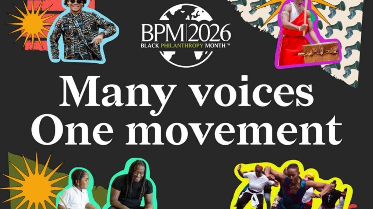 Colorful collage banner for BPM 2026 Black Philanthropy Month reading 'Many voices, one movement,' featuring cut-out photos of Black individuals in celebratory poses—dancing, drumming, and posing—surrounded by graphic sunburst and pattern elements on a dark background.