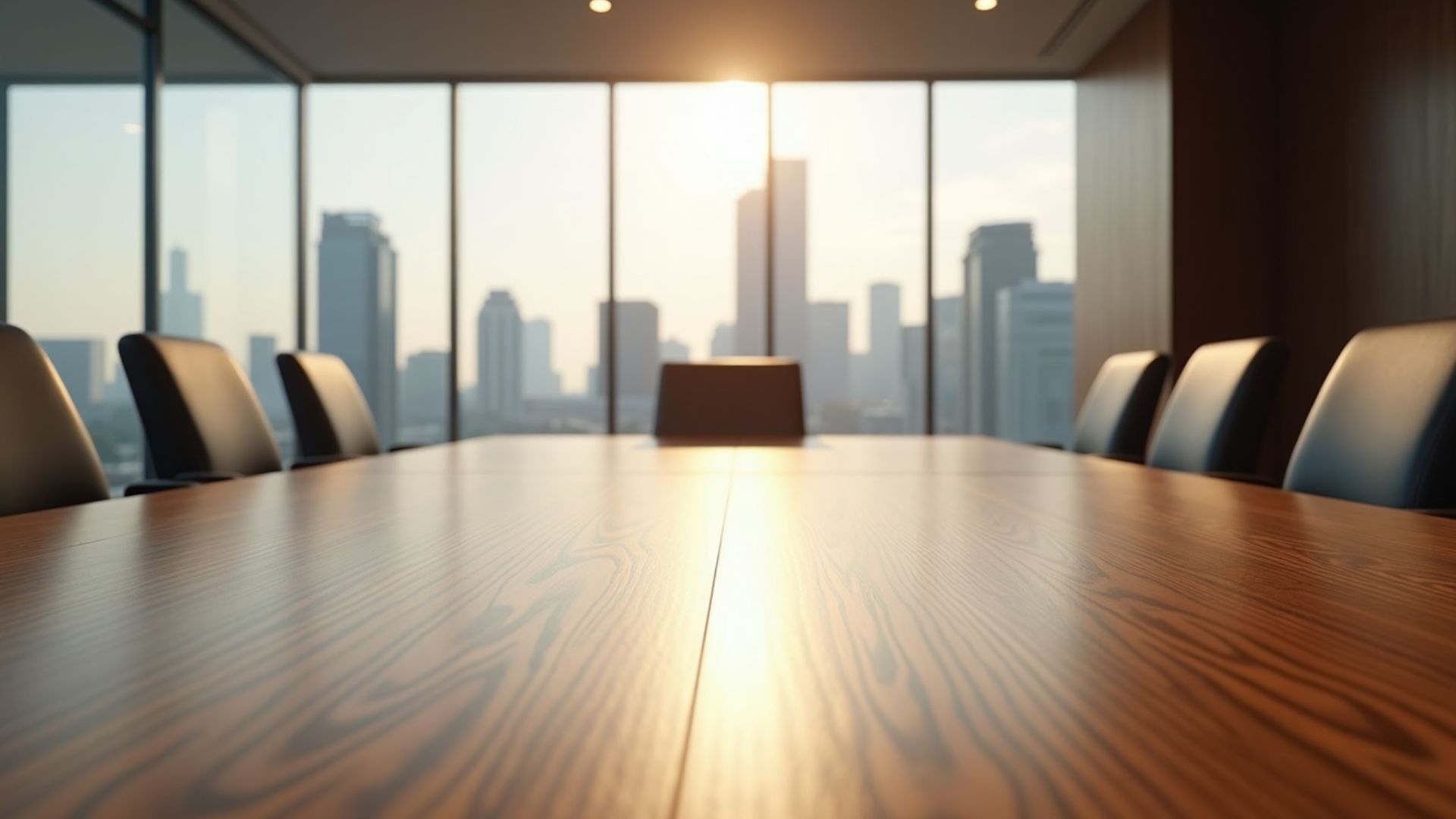 modern boardroom with a large wooden table and chairs 