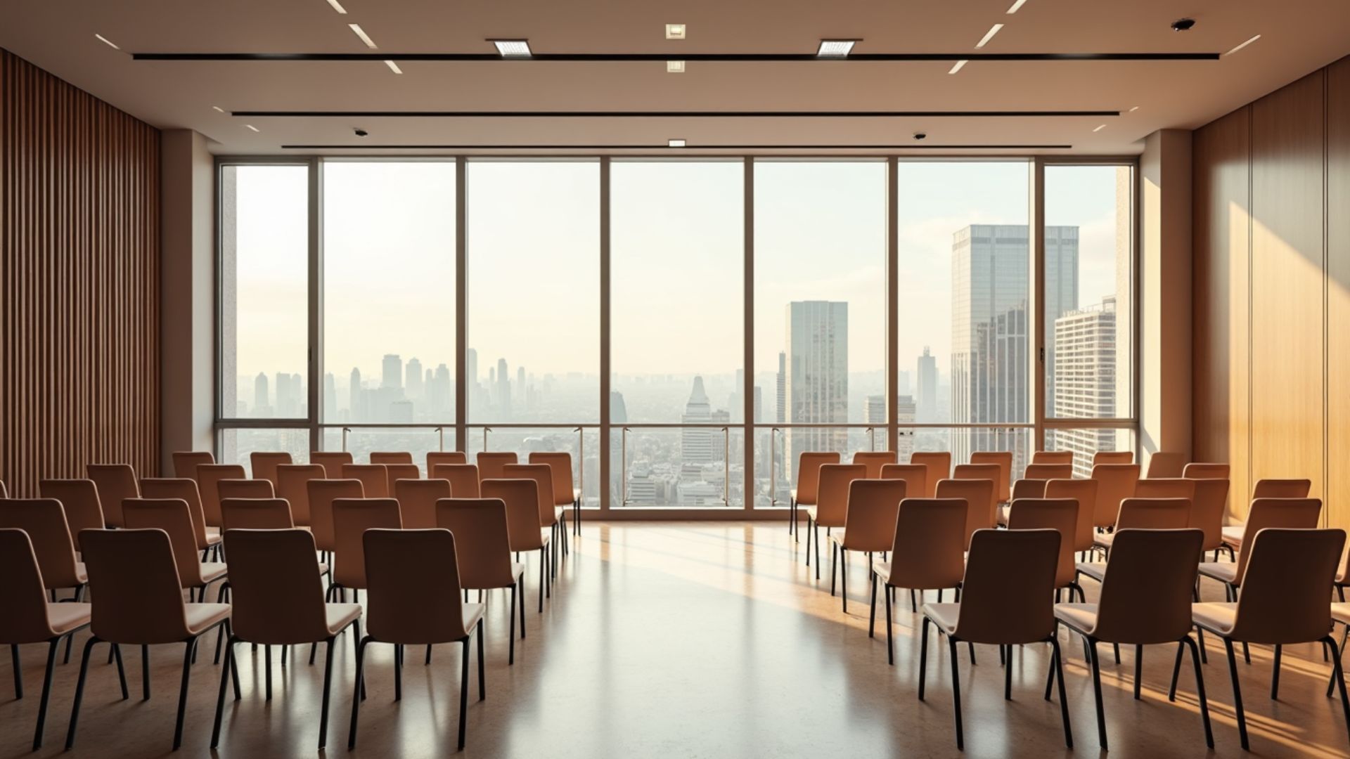 An empty conference room with rows of chairs facing large windows with a city skyline view.