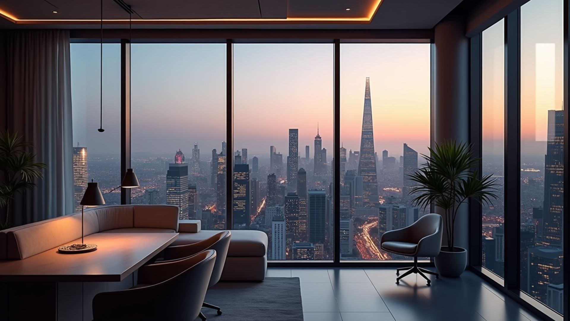 modern office space with a large sectional sofa and desk 