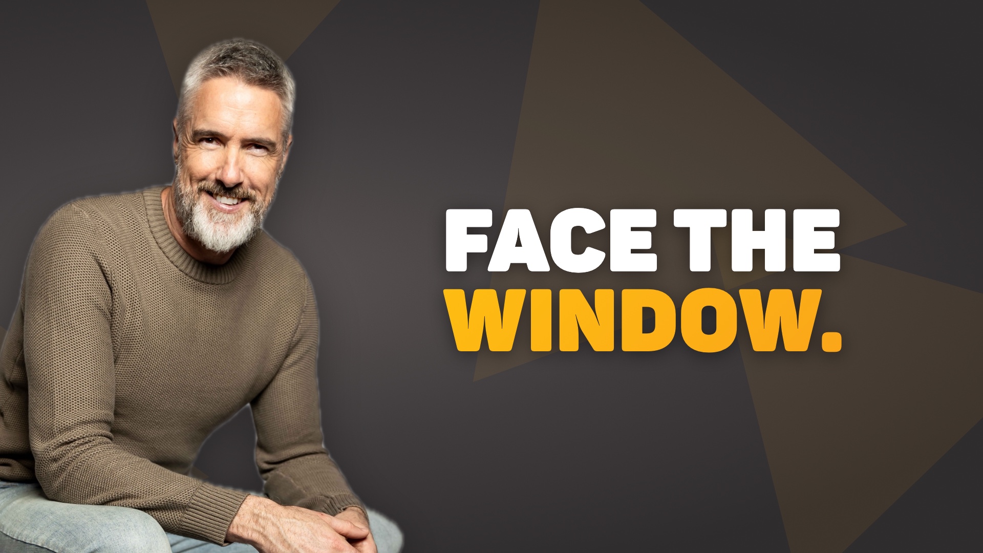Chris Schwager smiling in a sweater on a charcoal background beside the words Face the window.