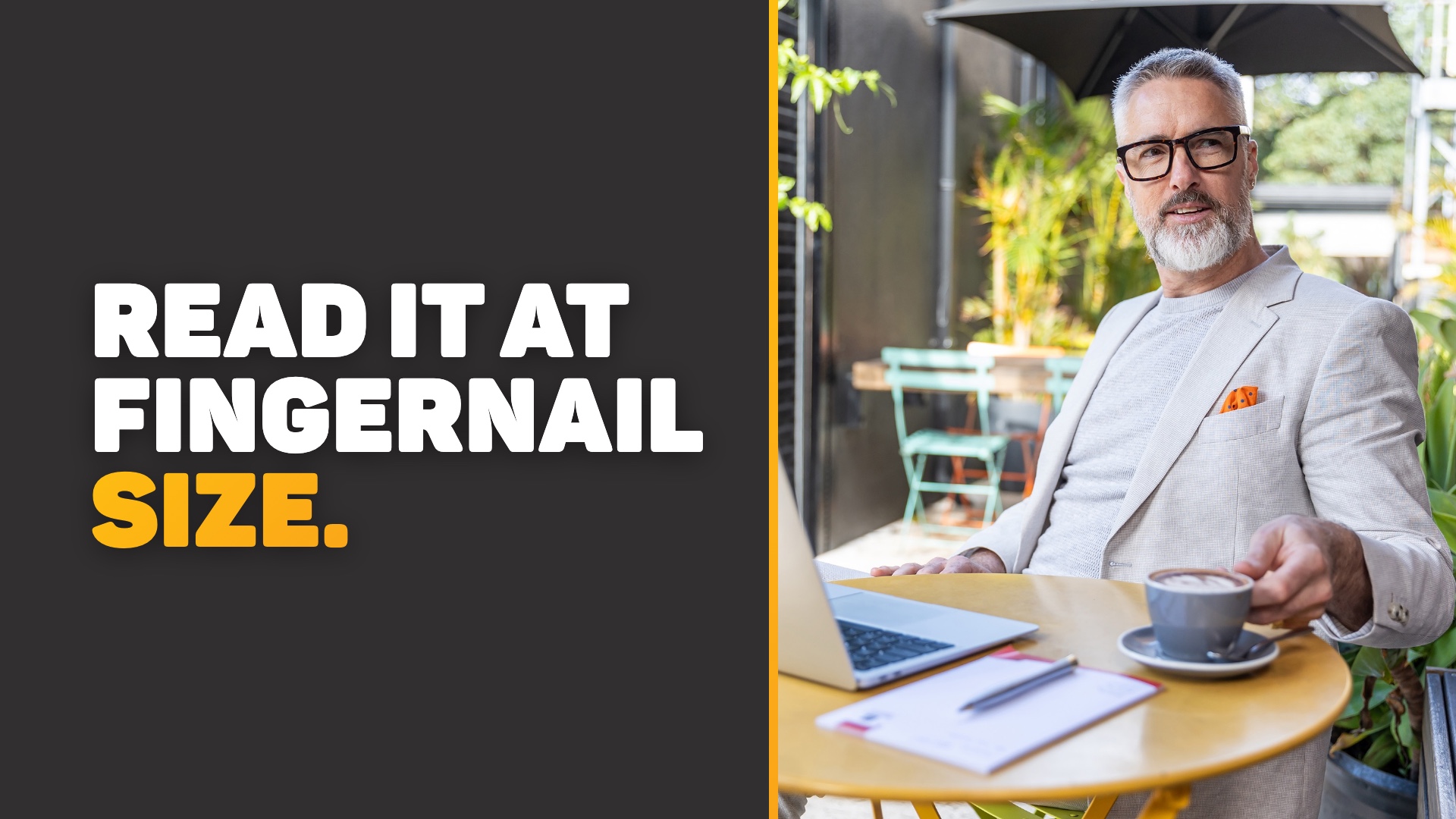 Chris Schwager at a cafe table with his laptop beside the words Read it at fingernail size.