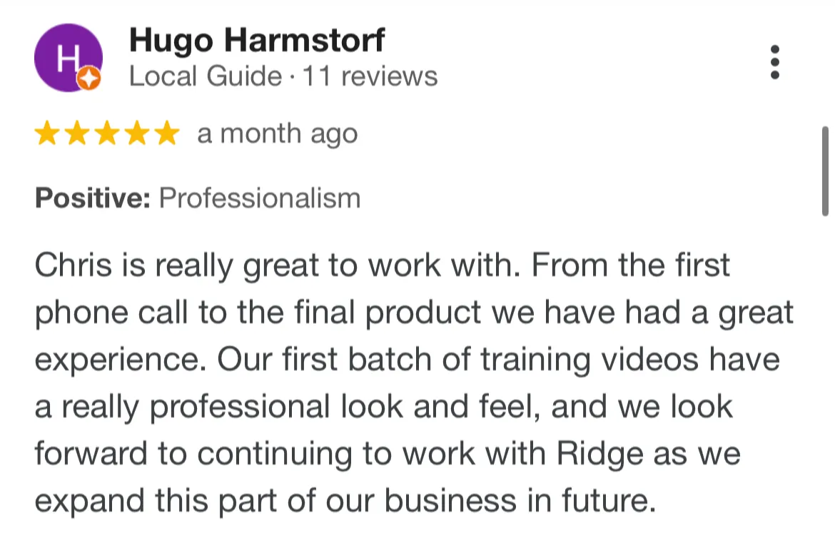 Five-star Google review from Hugo Harmstorf praising Chris and the professional look of their training videos