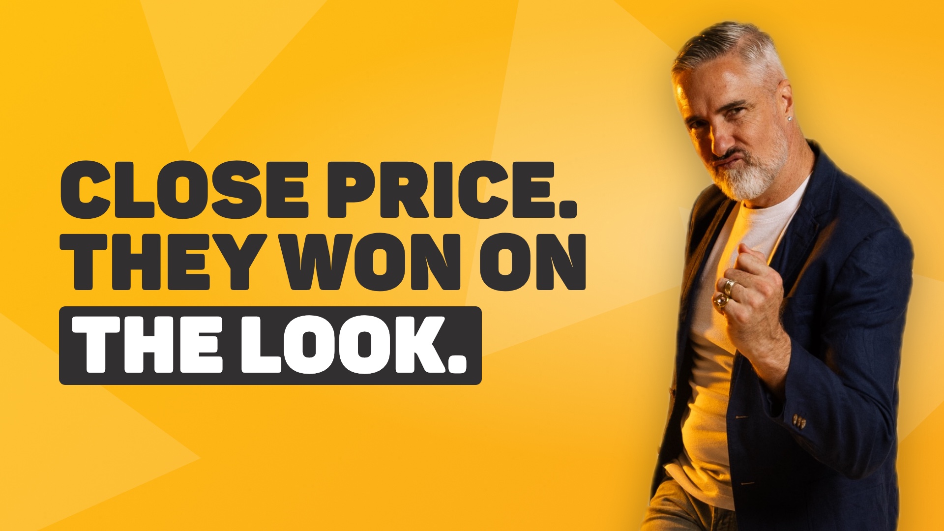 Chris Schwager in a navy blazer on a yellow background, beside the words Close price, they won on the look