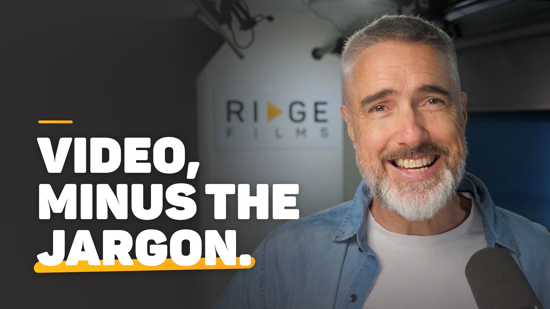 Chris Schwager smiling at a podcast mic in the Ridge Films studio beside the words Video, minus the jargon