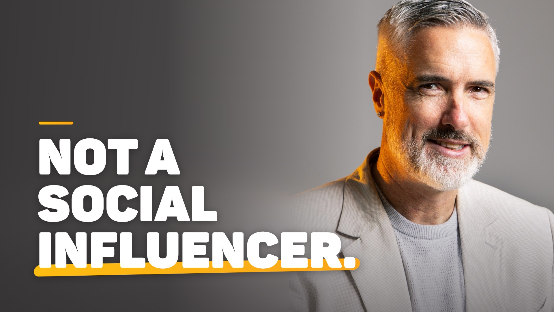 Chris Schwager smiling in a cream blazer, with the words Not a social influencer