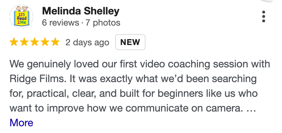 Five-star Google review from Melinda Shelley calling her first video coaching session practical and clear